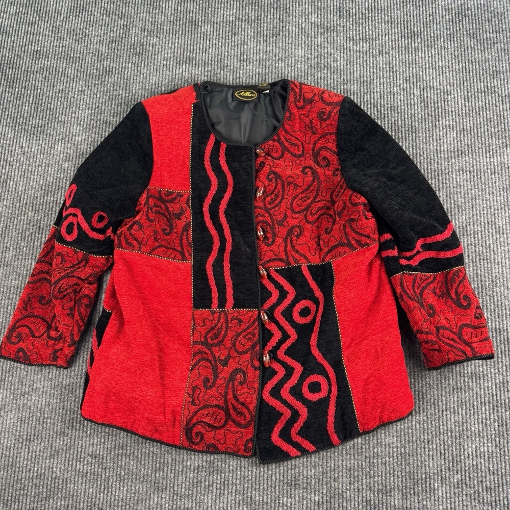 Allure Jacket Womens 14/16 Black Red Felt Patchwork Button Front Textured Retro